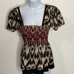 188- Fei by Anthropologie Brown & Cream Short Sleeve Top, Size 12